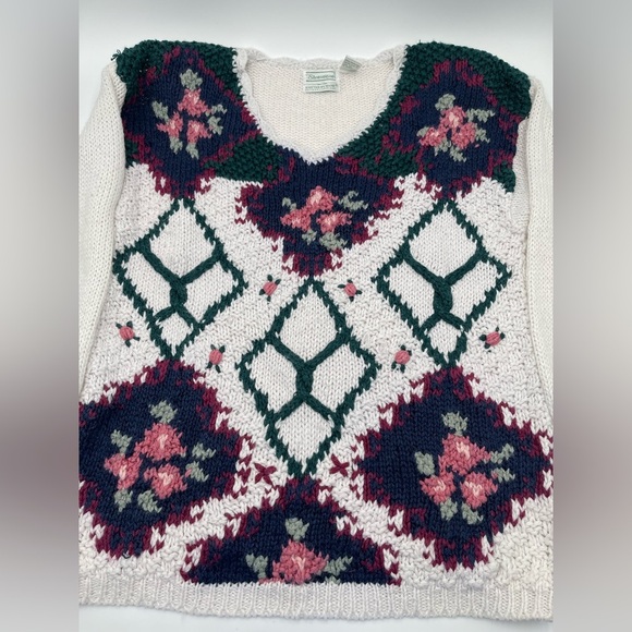 Vtg Shenanigans Sz Medium Hand Knitted Floral Sweater Cottage Grandma 80s 90s - Picture 9 of 14